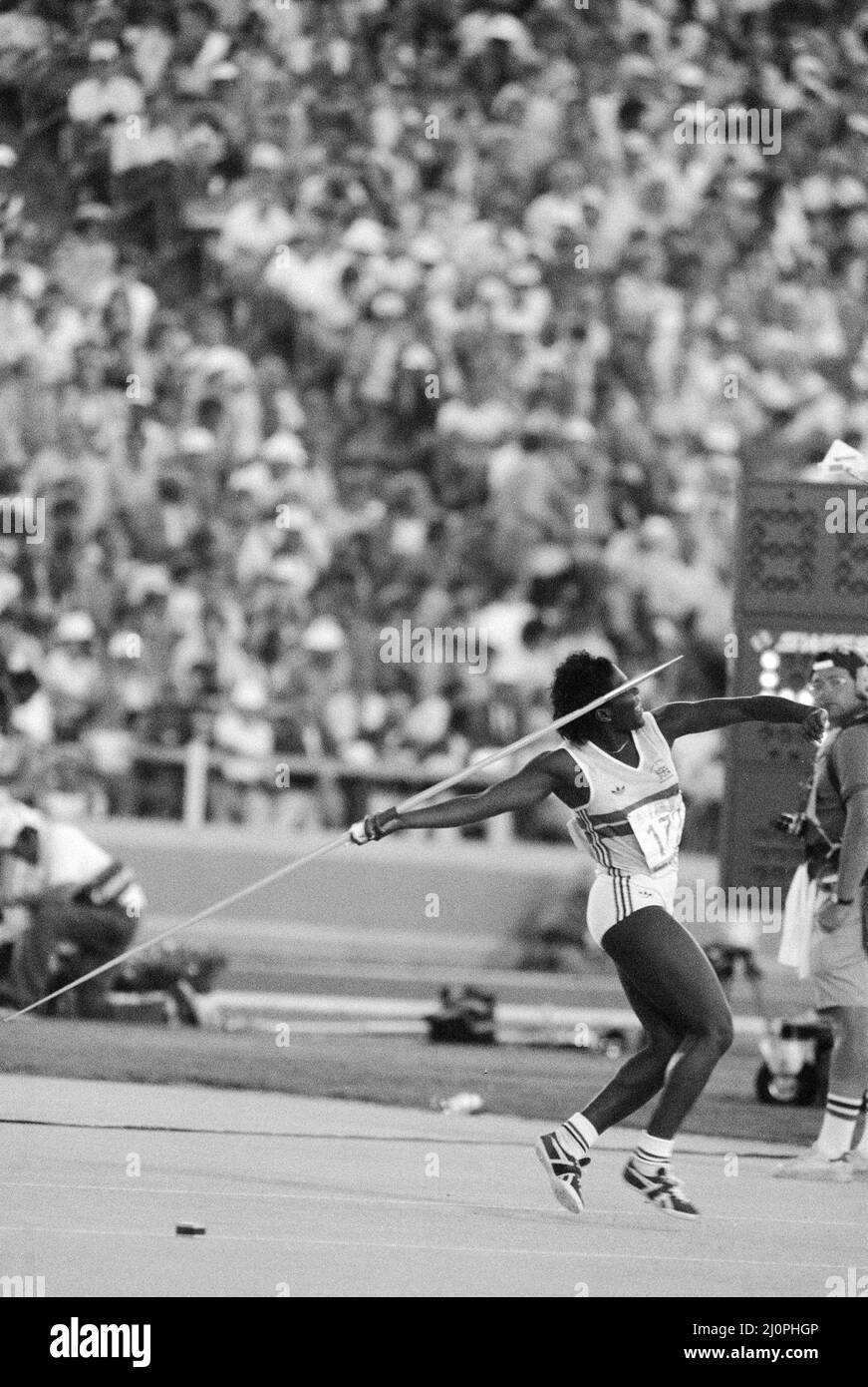 1984 Olympische Spiele in Los Angeles, USA. Die britische Tessa Sanderson in Aktion, um die Goldmedaille beim Women's Javelin-Event zu gewinnen. 6.. August 1984. Stockfoto