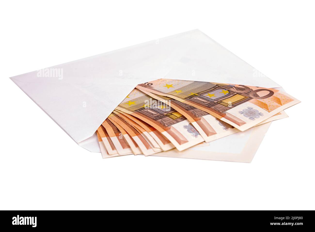 Ein offener Umschlag mit einem Euro im Wert von fünfzig, auf weißem Hintergrund, Nahaufnahme Stockfoto