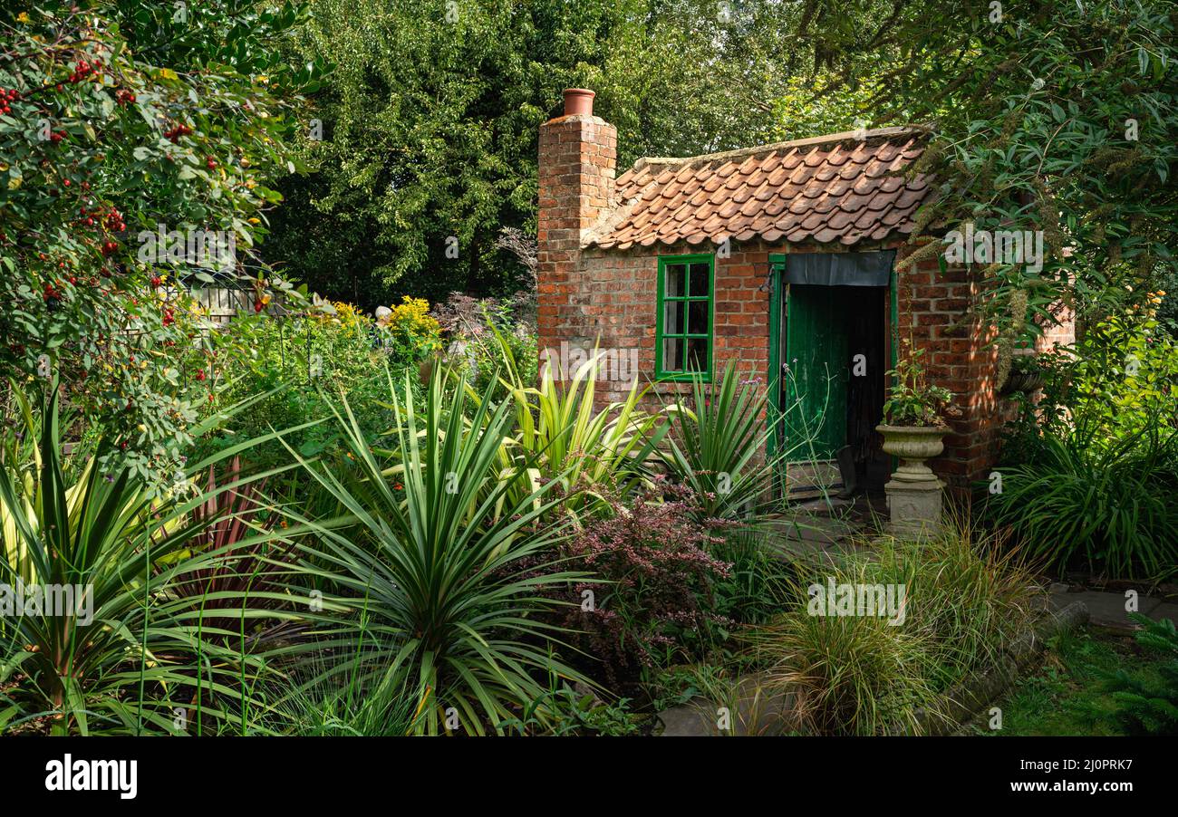 Gefliester Geräteschuppen mit Kamin mit offener Tür und Fenster, umgeben von einer dicken, abwechslungsreichen Flora am hellen Sommermorgen in Beverley, Großbritannien. Stockfoto