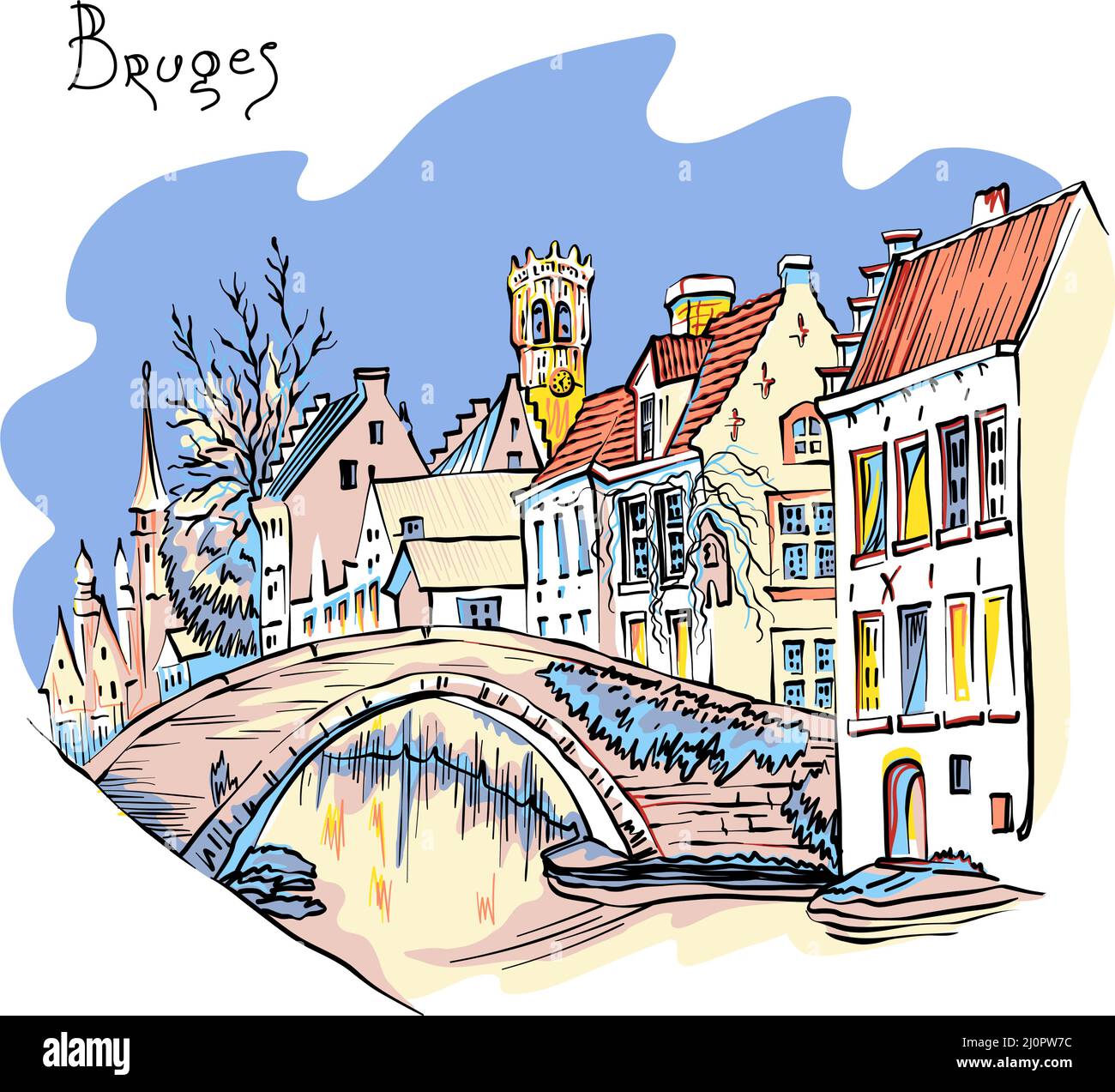 Vektorfarbe Städtische Skizze des Brügger Kanals Steenhouwers mit Glockenturm und schönen mittelalterlichen Häusern, Belgien Stock Vektor