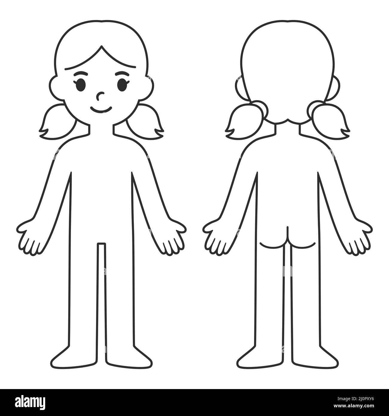 Cartoon-Body-Chart für Kinder, Vorder- und Rückansicht. Leere Mädchen Körper skizzieren Vorlage. Isolierte Vektordarstellung. Stock Vektor