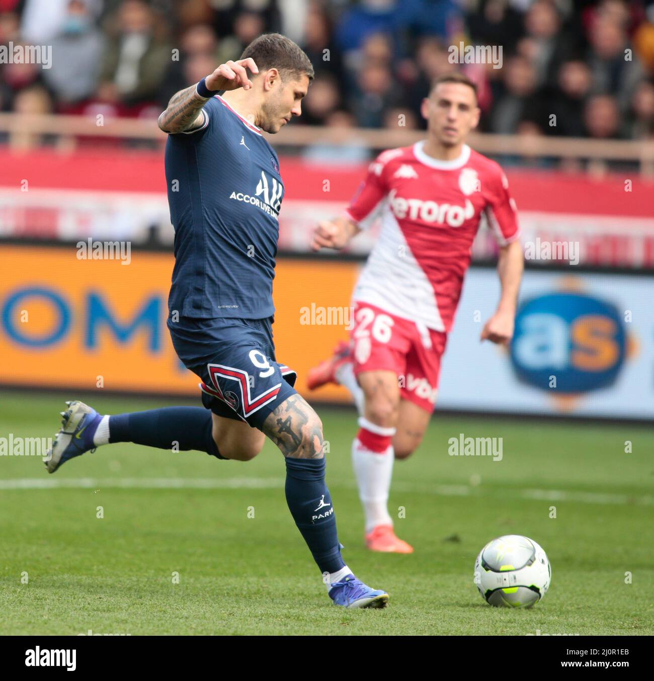 Mauro Icardi von Paris Saint-Germain während des französischen Ligue-1-Fußballspiels zwischen AS Monaco und Paris Saint-Germain am 20. März 2022 im Louis II-Stadion in Monaco Stockfoto