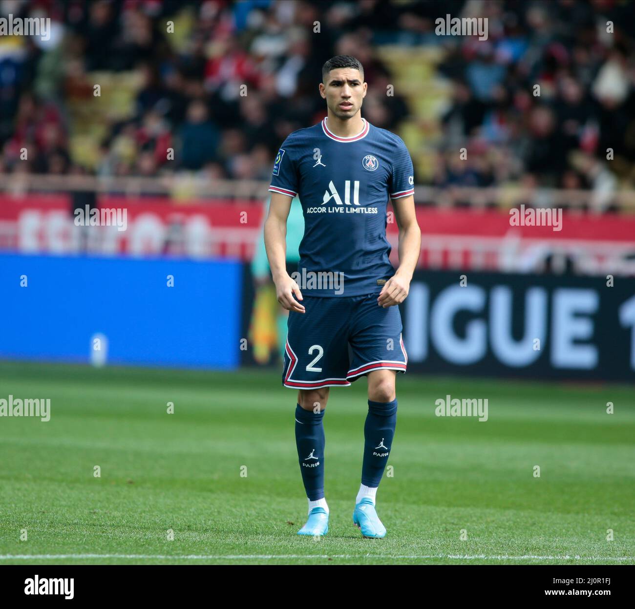 Achraf Hakimi von Paris Saint-Germain während des französischen Fußballspiels Ligue 1 zwischen AS Monaco und Paris Saint-Germain am 20. März 2022 im Louis II-Stadion in Monaco Stockfoto