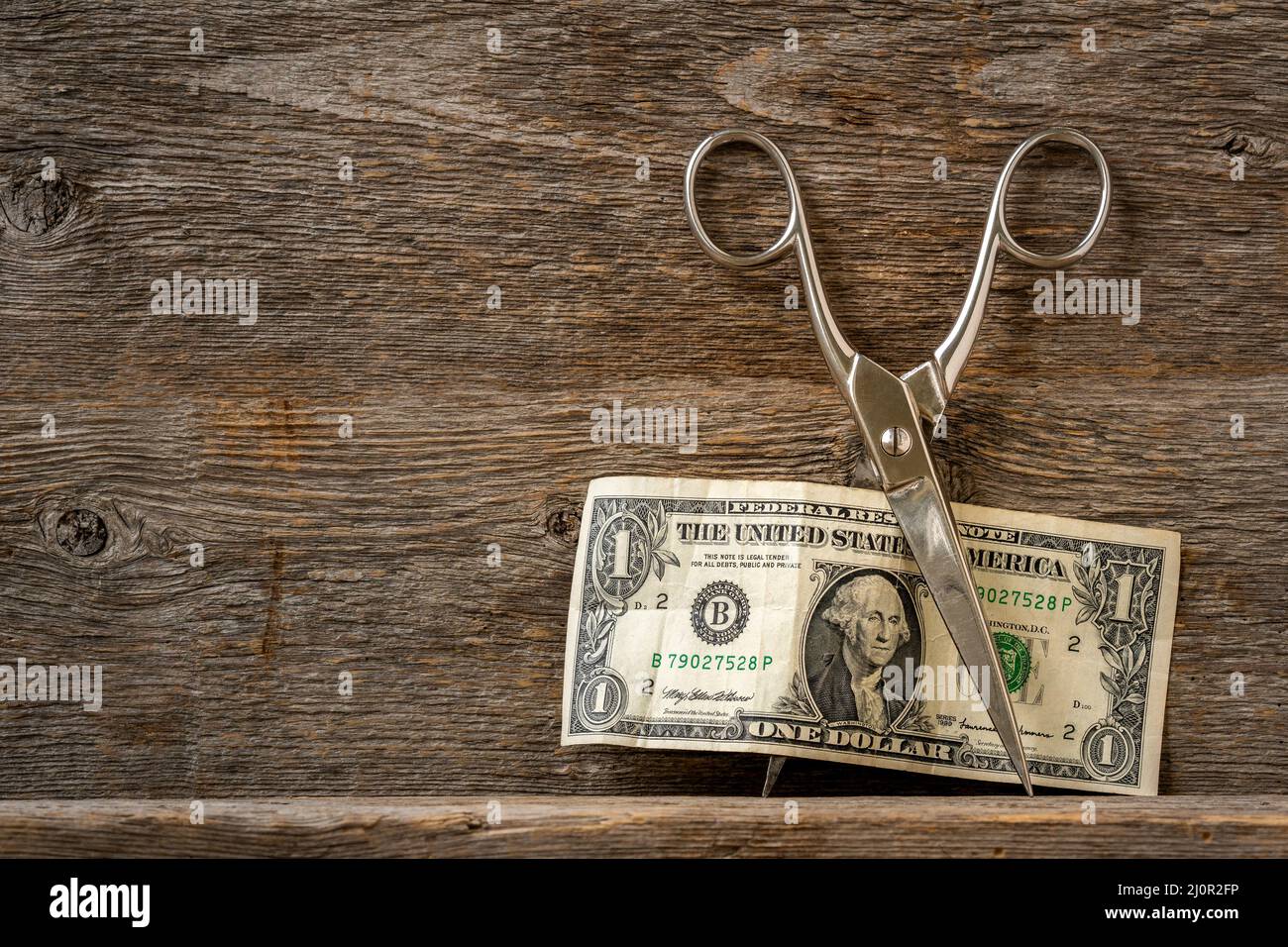 Eine Schere Schneidet Eine Dollar-Rechnung Stockfoto