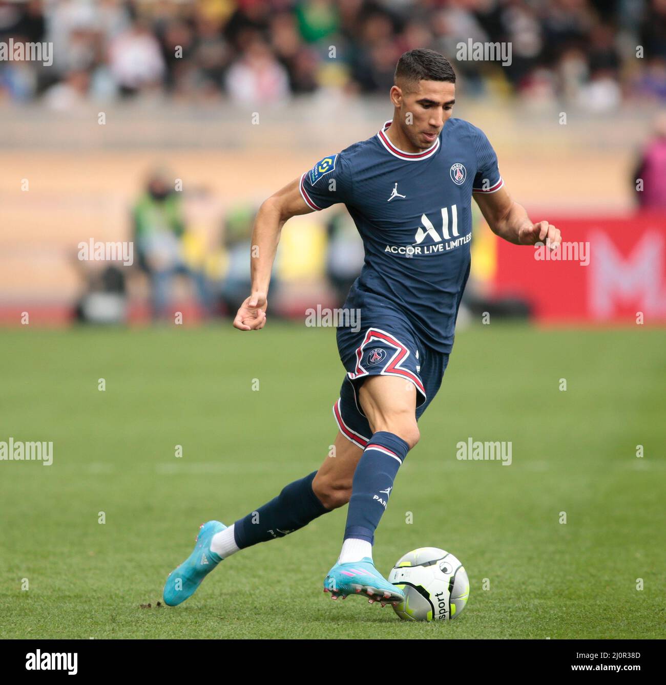 Achraf Hakimi von Paris Saint-Germain während des französischen Fußballspiels Ligue 1 zwischen AS Monaco und Paris Saint-Germain am 20. März 2022 im Louis II-Stadion in Monaco Stockfoto