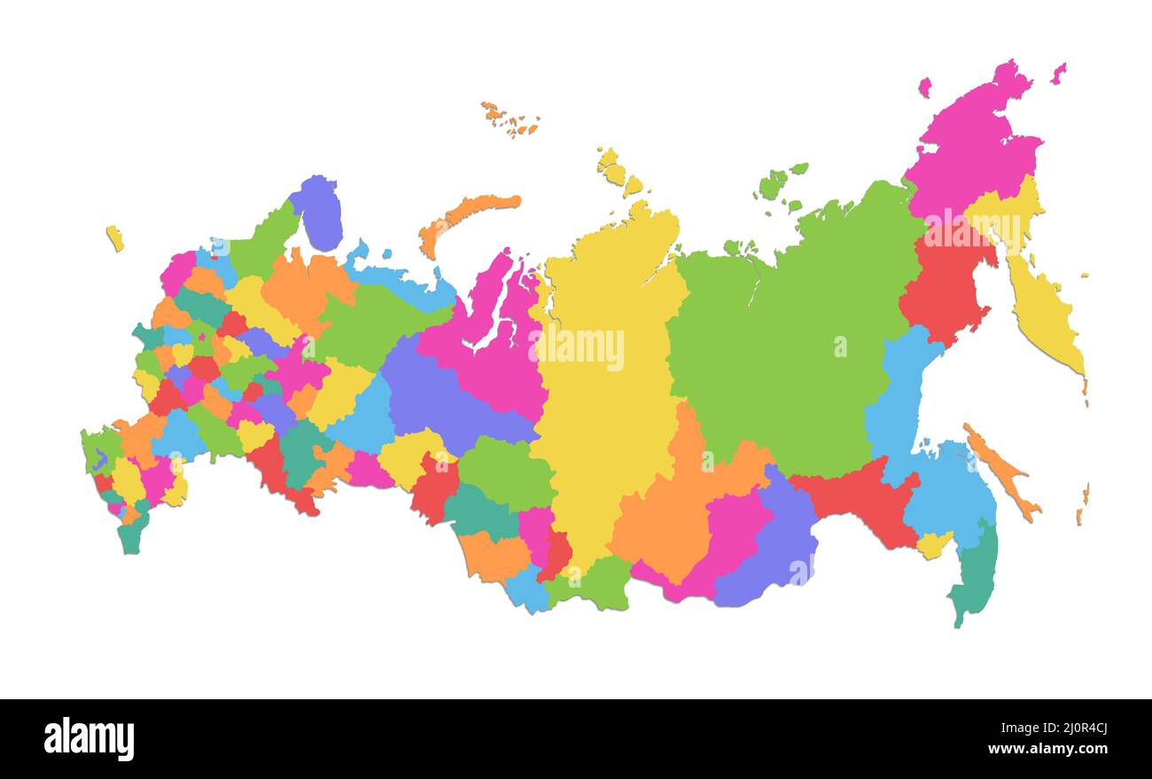 Russland-Karte, einzelne Regionen, administrative Teilung, farbige Karte isoliert auf weißem Hintergrund, leer Stockfoto