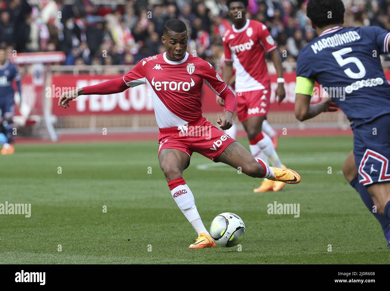 Jean Lucas von Monaco während des Fußballspiels der französischen Ligue 1 zwischen AS Monaco (ASM) und Paris Saint-Germain (PSG) am 20. März 2022 im Stade Louis II in Monaco - Foto: Jean Catuffe/DPPI/LiveMedia Stockfoto