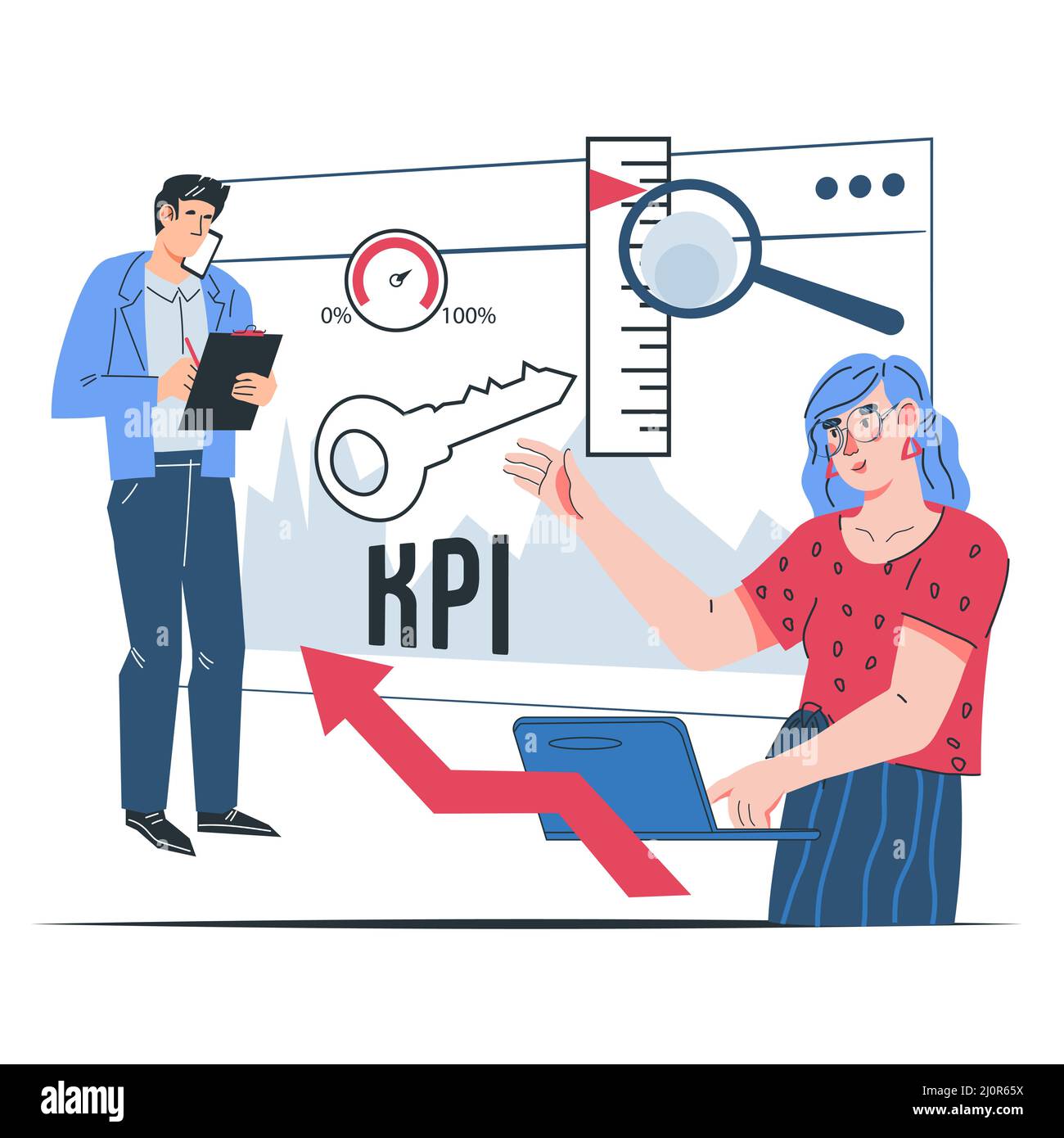 Geschäftskonzept für KPI- oder Business-Metriken-Kennzahlen. Leistungsanalyse und Personalmanagement, flache Vektordarstellung isola Stock Vektor