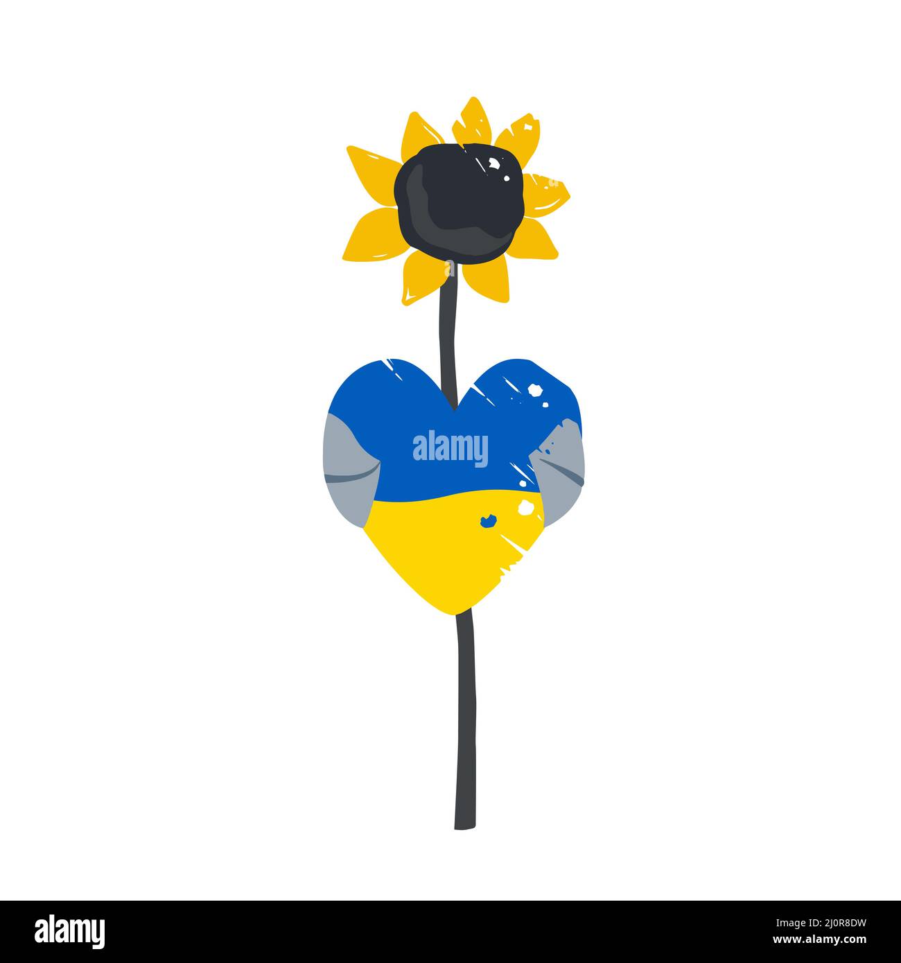 Niedliche wehrlose Sonnenblume hält ein Herz in Ukraine Flagge Farben. Rette die Ukraine und das ukrainische Krisenkonzept. Vektorgrafik isoliert auf Weiß. Stock Vektor