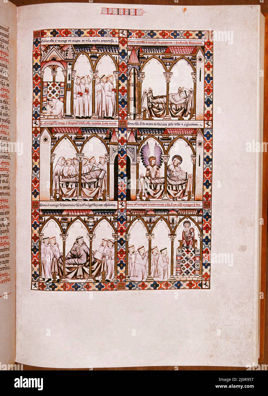 MTI1 - CANTIGA DE SANTA MARIA Nº54 - F80R - LA VIRGEN SANA CON SU LECHE A UN MONJE ENFERMO QUE DABAN POR MUERTO - SIGLO XIII. Autor: Alfonso X aus Kastilien. ORT: MONASTERIO-BIBLIOTECA-COLECCION. SAN LORENZO DEL ESCORIAL. MADRID. SPANIEN. Stockfoto