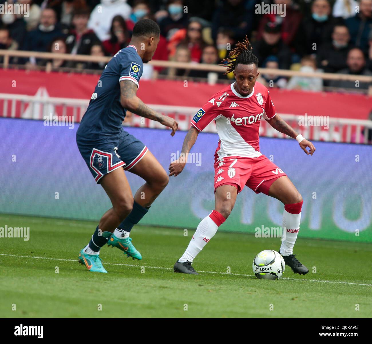 Gelson Martins von AS Monaco während der französischen Meisterschaft Ligue 1 Fußballspiel zwischen AS Monaco und Paris Saint-Germain am 20. März 2022 im Louis II Stadion in Monaco Stockfoto