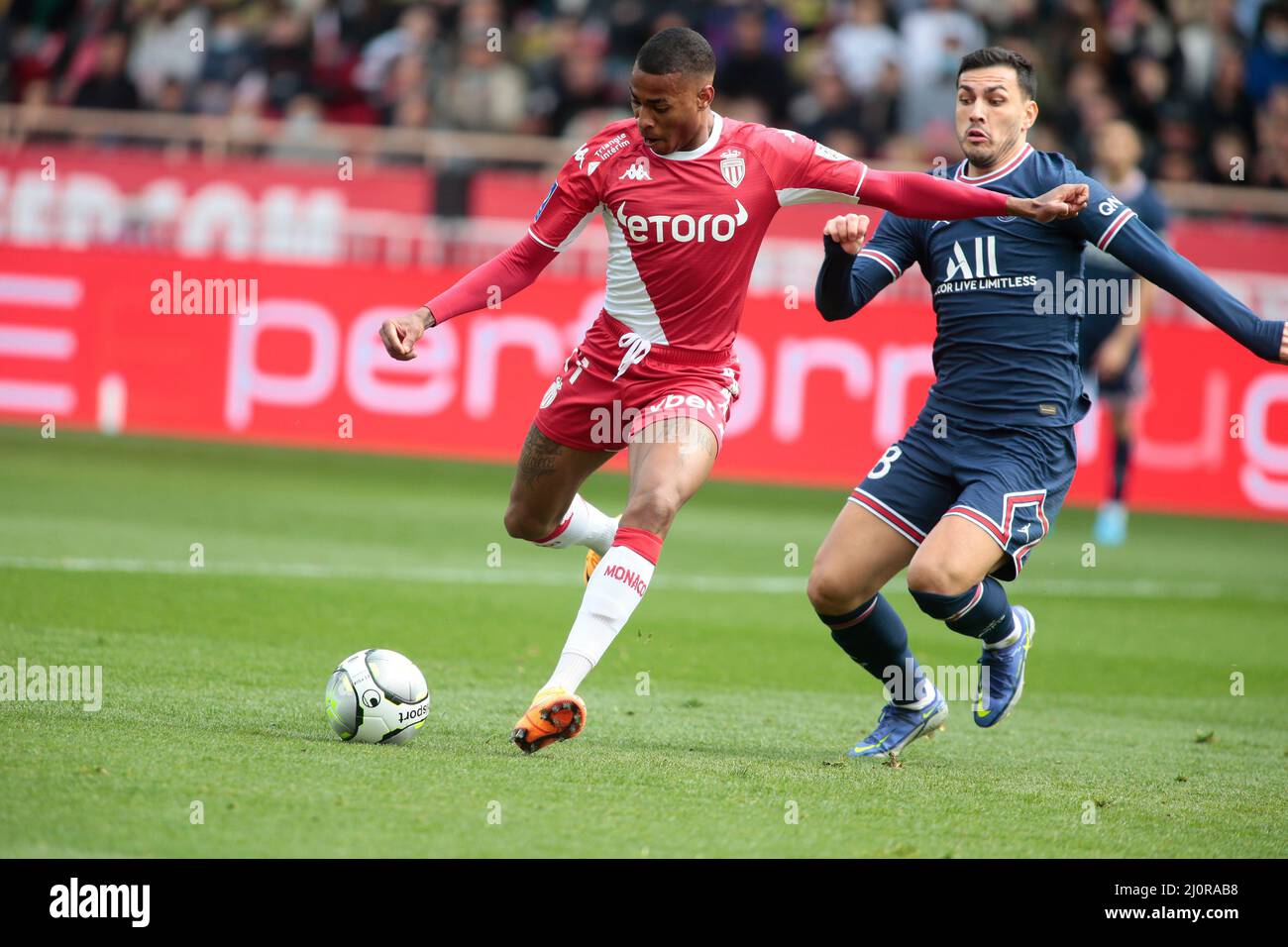 Jean Lucas von AS Monaco während der französischen Meisterschaft Ligue 1 Fußballspiel zwischen AS Monaco und Paris Saint-Germain am 20. März 2022 im Louis II Stadion in Monaco Stockfoto