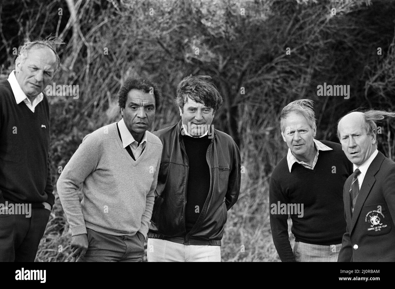 Der Marley Golf Classic findet im Royal Birkdale Golf Club statt. Henry Cooper, Kenny Lynch, Jimmy Tarbuck und Bobby Charlton. 7.. Oktober 1983. Stockfoto