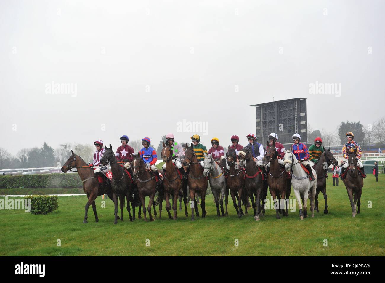 4,10 das Glenfarcras Cross Country, Läufer am Start Tag 2, Rennen beim Cheltenham Gold Cup Festival auf der Cheltenham Racecourse. Ladies Day i Stockfoto