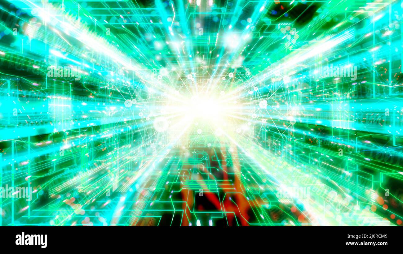 Erleichtere Chipset-Tunnel, Datentransformation, Big Data, Datenfluss, Internet der Dinge, Künstliche Intelligenz, Cyber Stockfoto