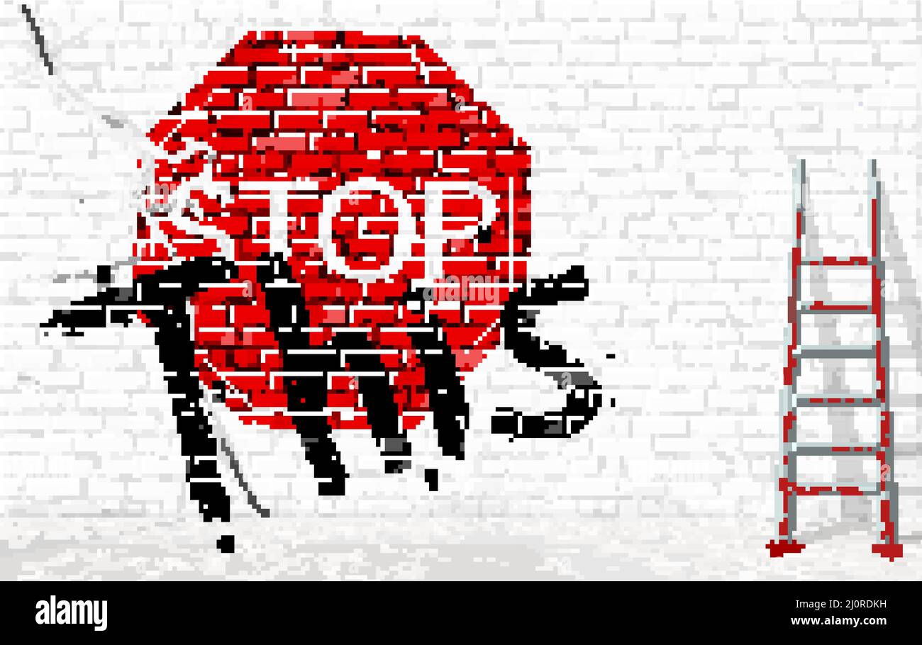 „Stop this“-Zeichen und Aufschrift in Farben auf einer Ziegelwand. Ein abstrakter Aufruf zur Beendigung der Gewalt. Das Konzept des Friedens und der Beendigung der Feindseligkeiten. Stock Vektor