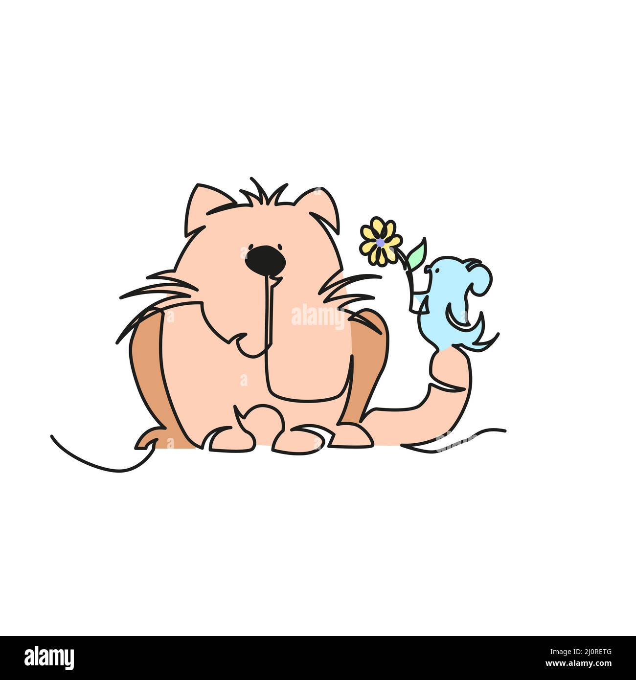 Kleine Maus gibt einer Katze eine Blume. Kleine Maus und Katze Illustration kontinuierliche Linienzeichnung. Stock Vektor