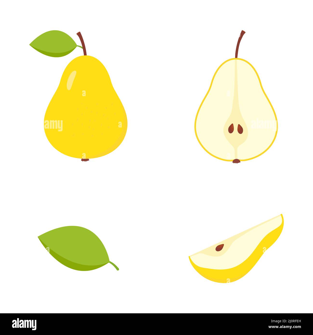 Set aus einer Hälfte, einer Scheibe und einer ganzen saftigen gelben Birne. Niedliche frisch geschnittene Birnen Kollektion. Stock Vektor