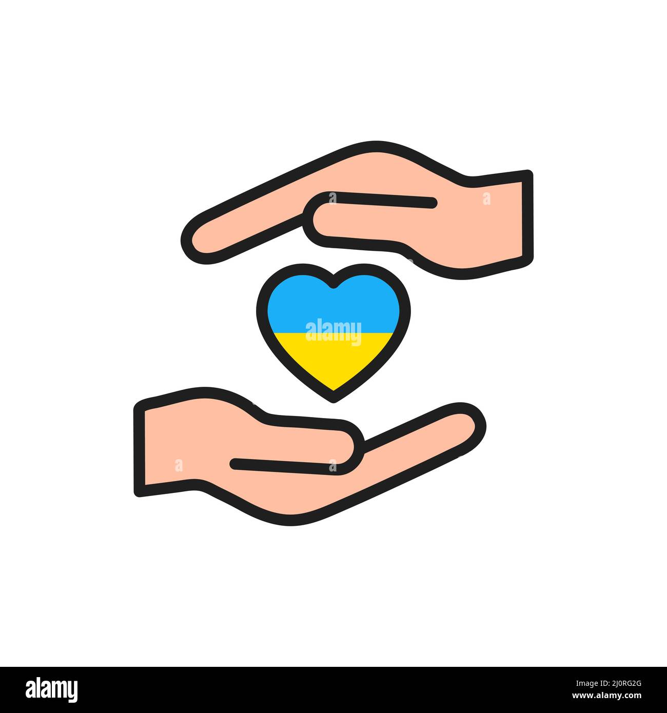 Betet für den Frieden in der Ukraine. Krieg beenden. Flagge der Ukraine in Herzform in Menschenwaffen. Stock Vektor
