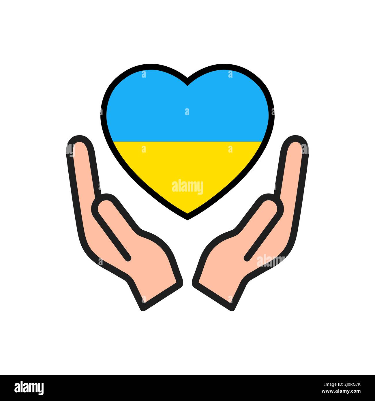 Betet für den Frieden in der Ukraine. Krieg beenden. Flagge der Ukraine in Herzform in Menschenwaffen. Stock Vektor