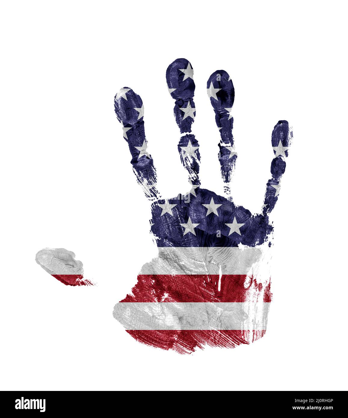 Handprint mit den Farben der Flagge der Vereinigten Staaten isoliert auf weißem Hintergrund Stockfoto