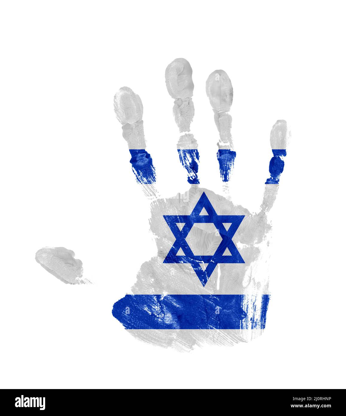 Handprint mit den Farben der israelischen Flagge isoliert auf weißem Hintergrund Stockfoto