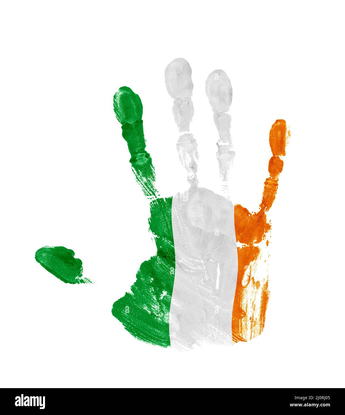 Handprint mit den Farben der irischen Flagge isoliert auf weißem Hintergrund Stockfoto