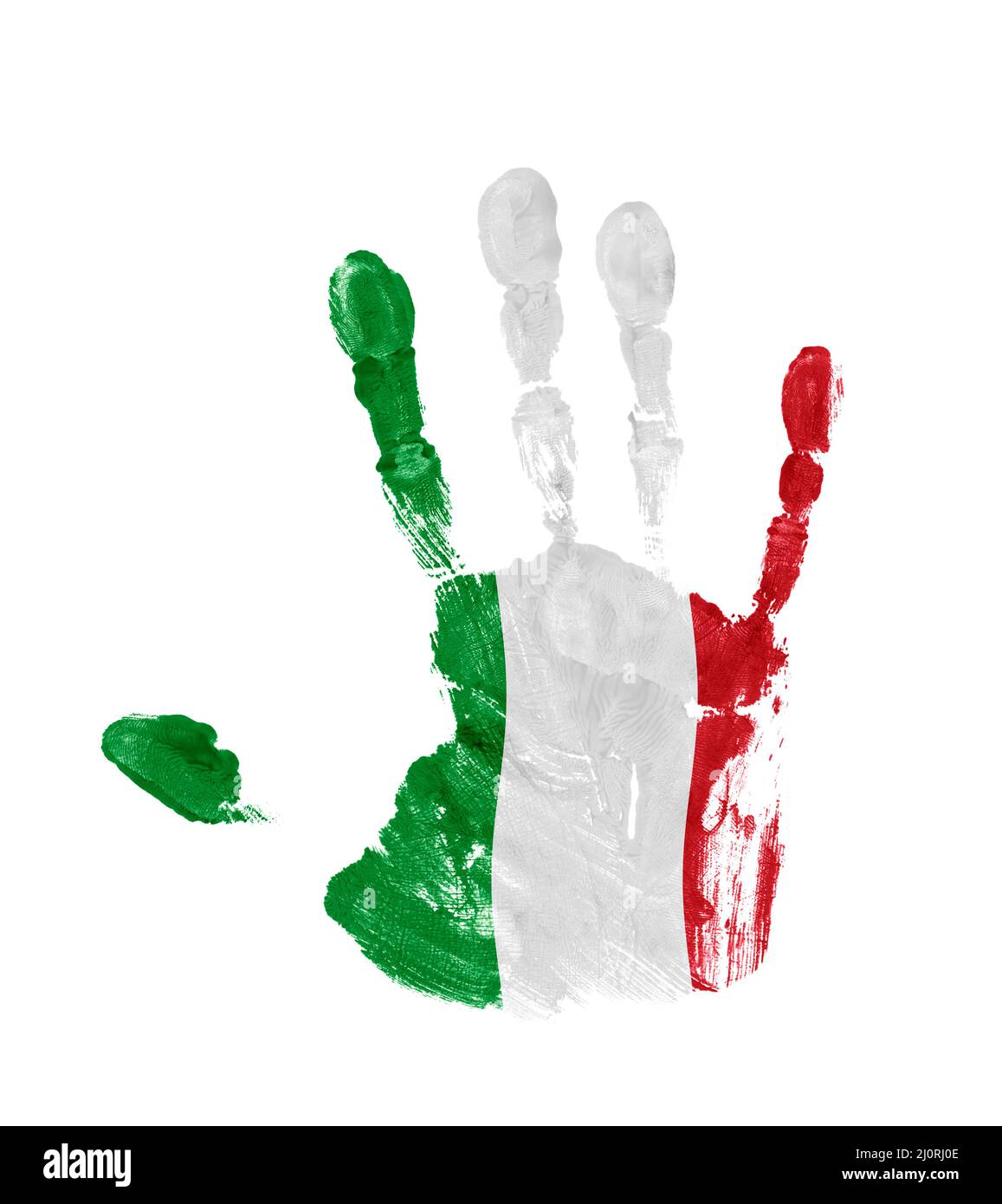 Handprint mit den Farben der italienischen Flagge isoliert auf weißem Hintergrund Stockfoto