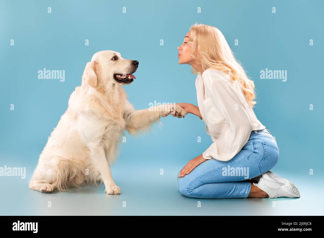 Schöne Frau spielt mit Hund im Studio Stockfoto