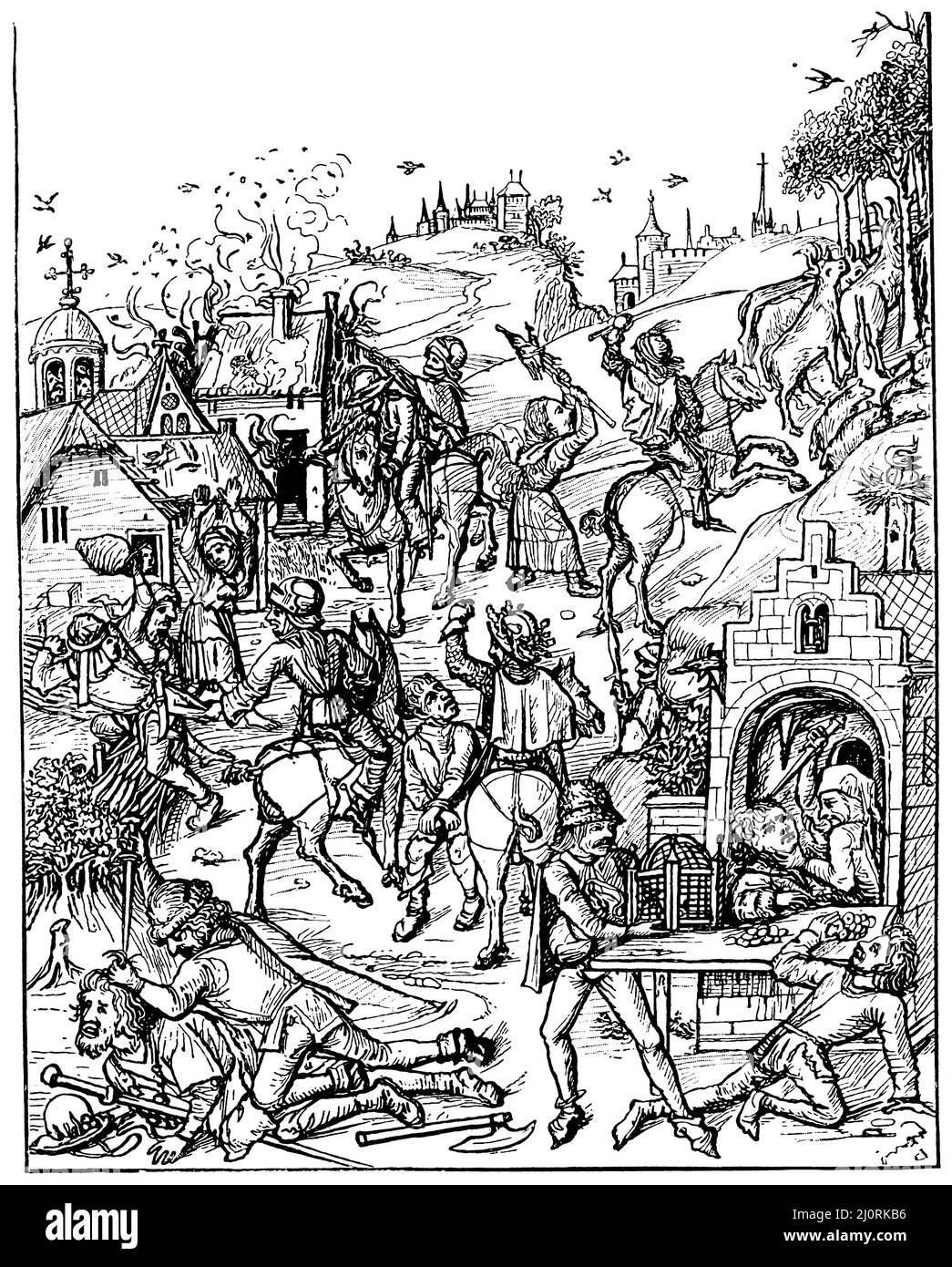 Im Germanischen Museum zu Nürnberg.)', , (Wirtschaftsbuch, 1915), Überfall und Plünderung eines Dorfes. (From the ausgehend 15. Jahrhundert entstammenden Bilderhandschrift „Mittelalterliches Hausbuch', im Germanischen Museum zu Nürnberg.), Überfall und Plünderung eines Dorfes. (Aus dem Ende des 15.. Jahrhunderts illuminierten Manuskript 'Medieval House Book Stockfoto