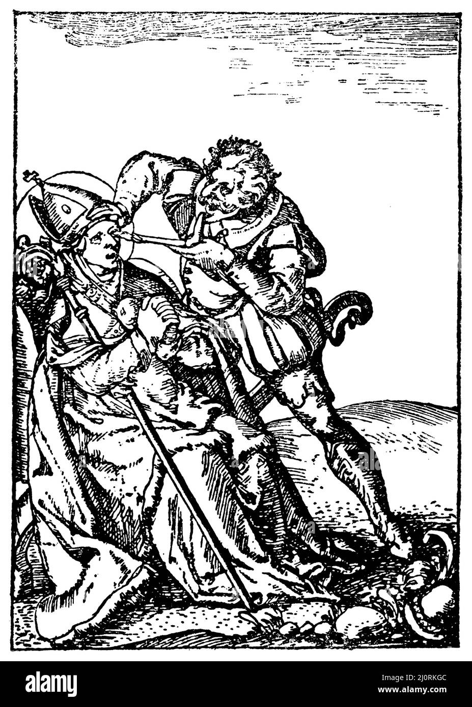 Die Blendung eines ketzerischen Bischofs mittels eines spitzen Eisens, , (Religionsgeschichte Buch, 1923), das Blenden eines ketzerischen Bischofs mittels eines spitzen Eisens, L'aveuglement d'un Évêque hérétique au moyen d'un fer pointu. Stockfoto