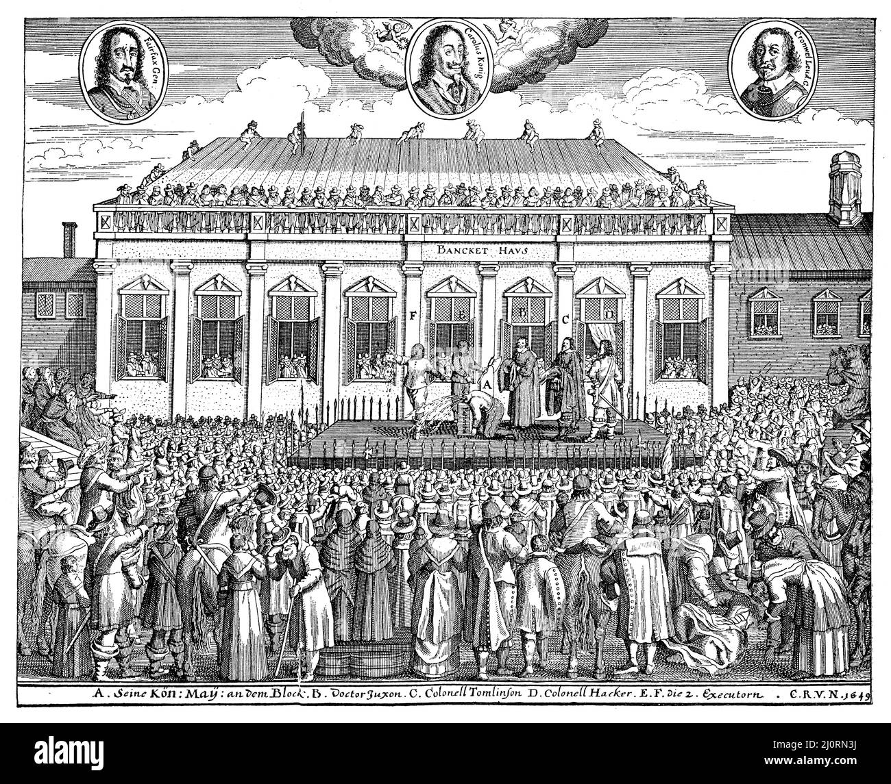 Hinrichtung von Karl I. am 30. Januar 1649 vor dem Whitehall Palace., , (, ), Hinrichtung Karls I. am 30. Januar 1649 vor dem Whitehall-Palast, Exécution de Charles Ier le 30 janvier 1649 devant le palais de Whitehall. Stockfoto