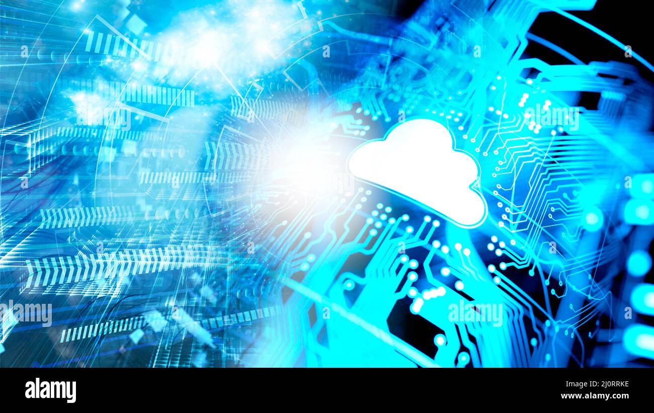 Cloud Computing durch Cyberspace, digitale Signale, optische Fasern, Informationstunnel, Konzept der künstlichen Intelligenz Stockfoto