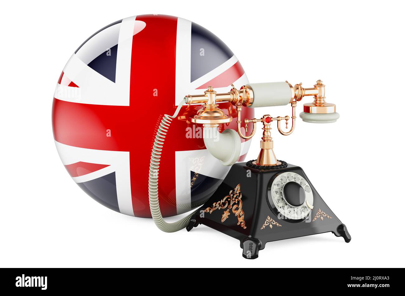 Telefon mit britischer Flagge. Kommunikationsdienste in Großbritannien, Konzept. 3D Darstellung isoliert auf weißem Hintergrund Stockfoto