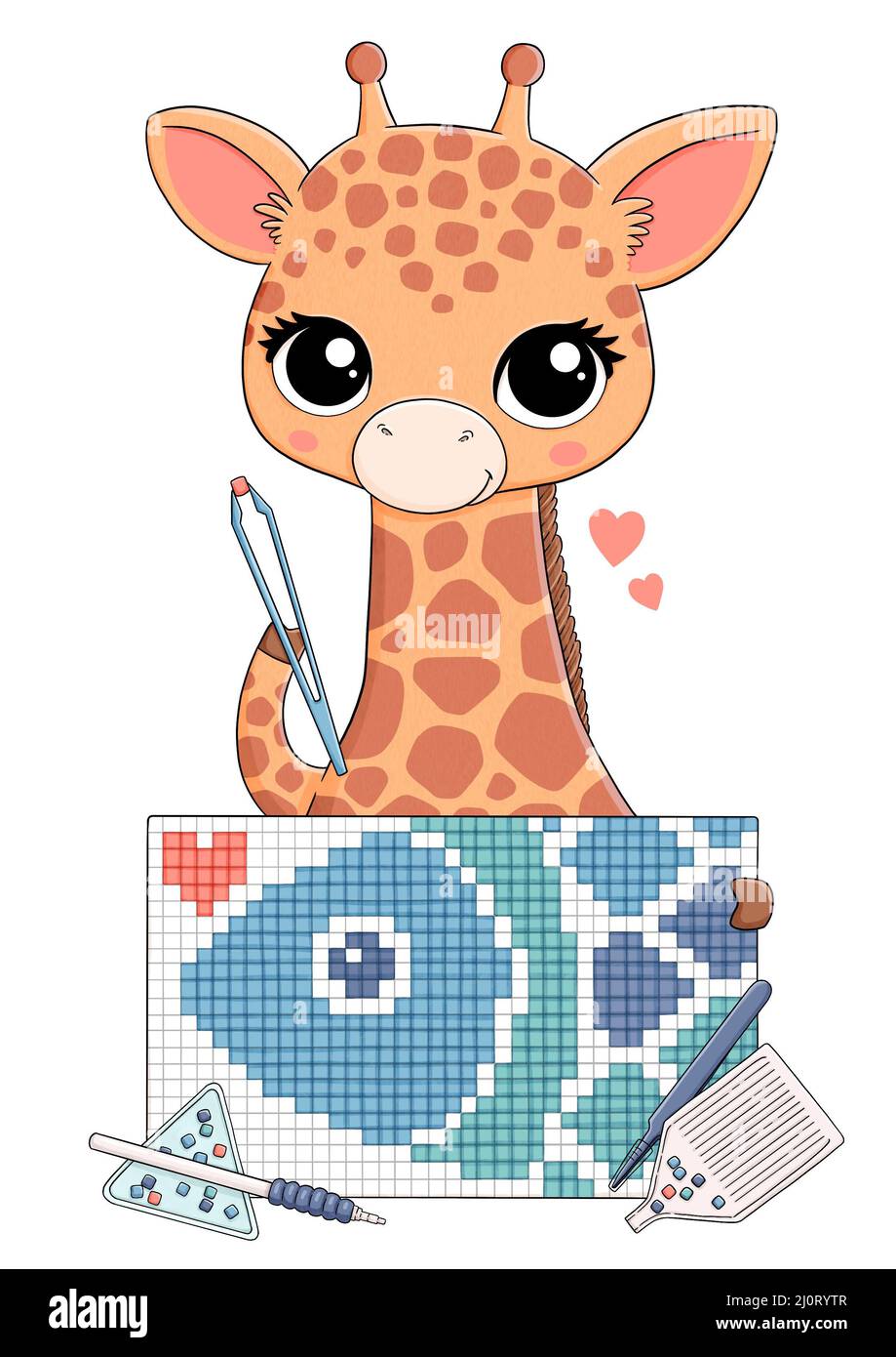 Niedliche Babygiraffe mit Stickerei, Fisch, Diamant Stockfoto