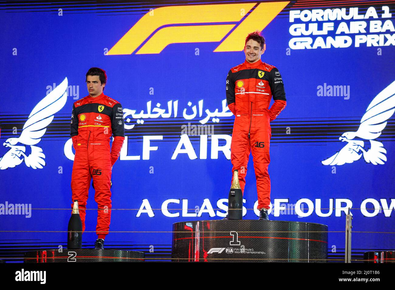 Sakhir, Bahrain. 20. März 2022. SAINZ Carlos (Spa), Scuderia Ferrari F1-75, LECLERC Charles (mco), Scuderia Ferrari F1-75, Portrait Podium während des Formel 1 Gulf Air Bahrain Grand Prix 2022, 1. Lauf der FIA Formel 1 Weltmeisterschaft 2022, auf dem Bahrain International Circuit, vom 18. Bis 20. März 2022 in Sakhir, Bahrain - Photo Florent Gooden / DPPI Credit: DPPI Media/Alamy Live News Stockfoto