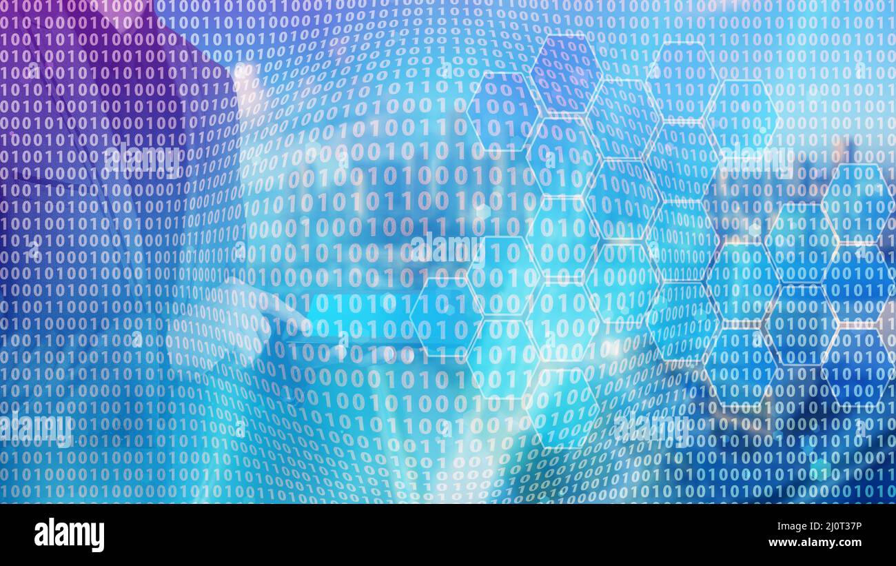 Geschäftsmann berühren iPad mit einem Finger auf einem Null-Eins-Hintergrund, Datenfluss, Datentransformation, künstliche Intelligenz Konzept Stockfoto