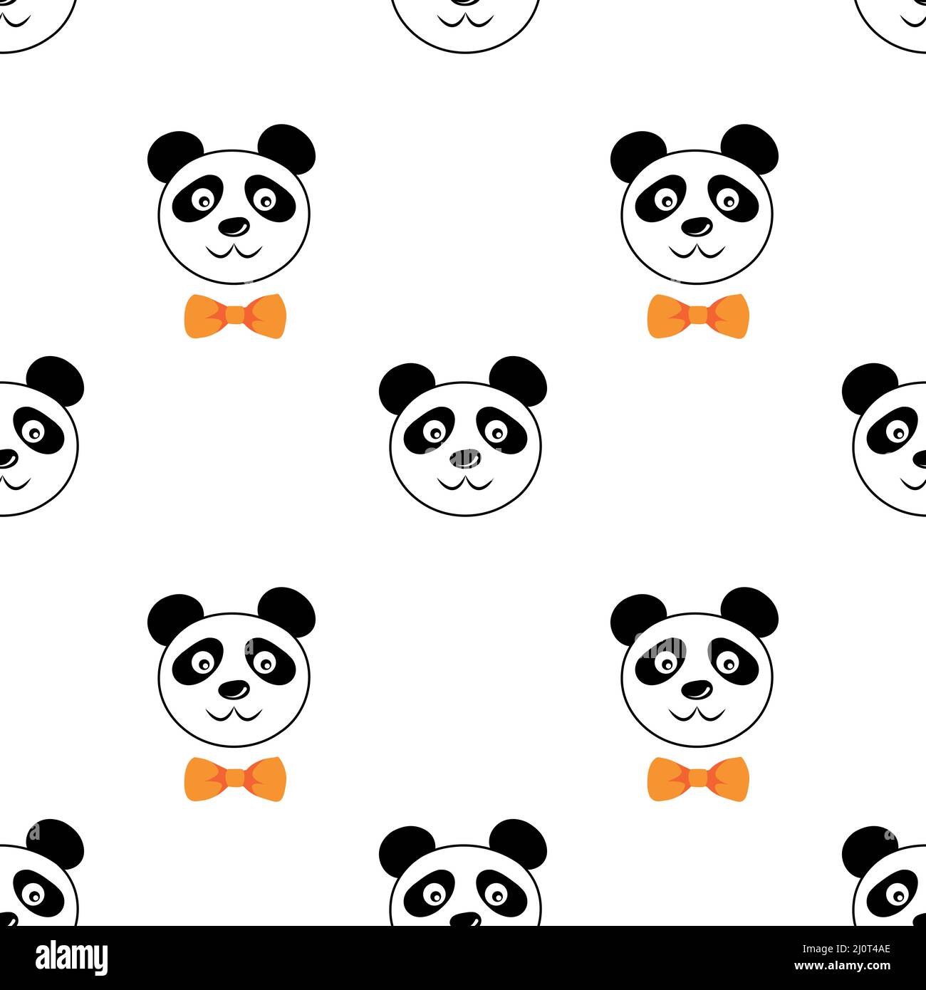 Nahtloses nettes Panda Gesicht trägt Fliege, Haustier Tier im Cartoon-Stil. Witziges Baby-Kindermotiv. Vektordarstellung auf weißem Hintergrund isoliert Stock Vektor