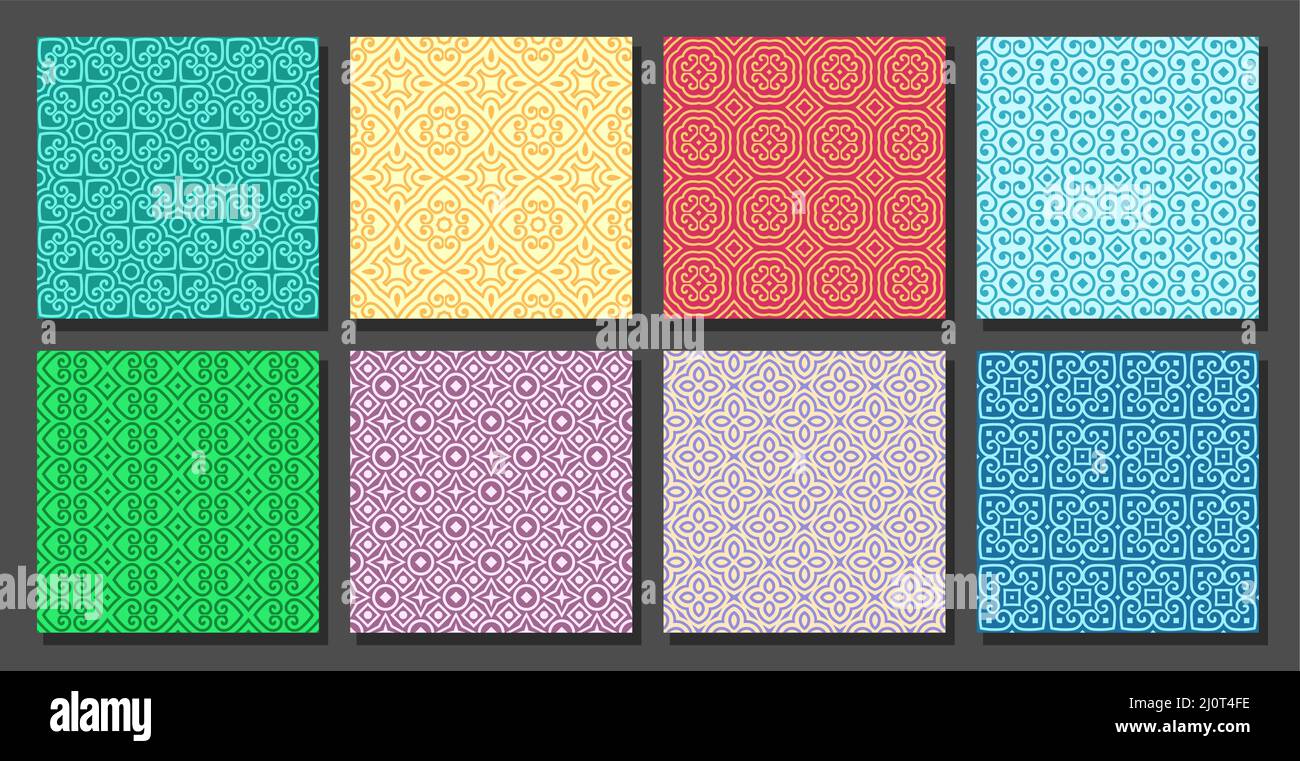 Vektor Arabisch nahtlose Muster Set, 8 Quadrat wiederholt bunte Hintergründe für Geschenkpapier, verzierte arabische Ornamente für muslimische Religion Feiertage, Stock Vektor