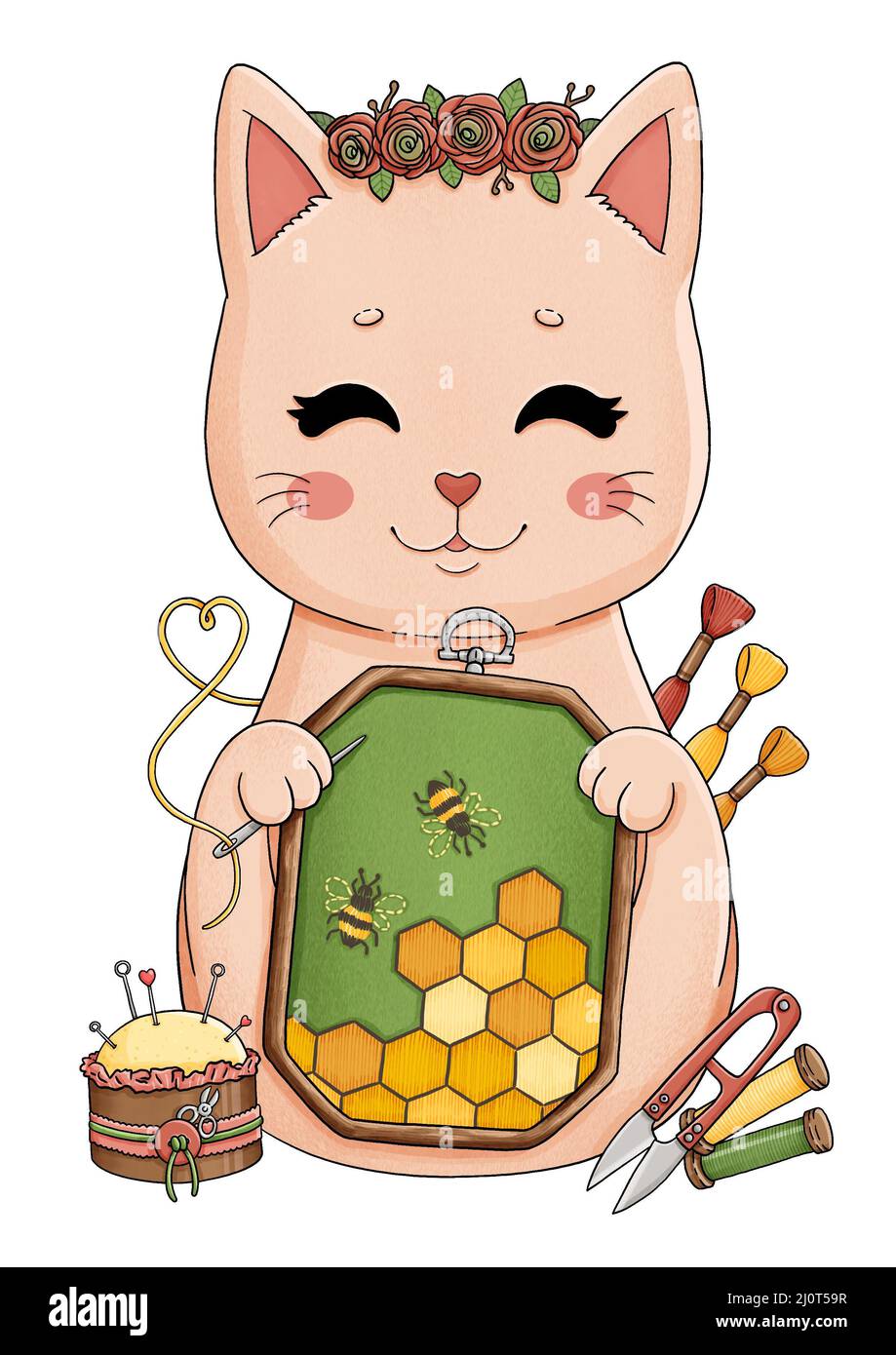 Niedliche kleine Katze mit Stickerei, Blumen, Honig, Biene Stockfotografie  - Alamy