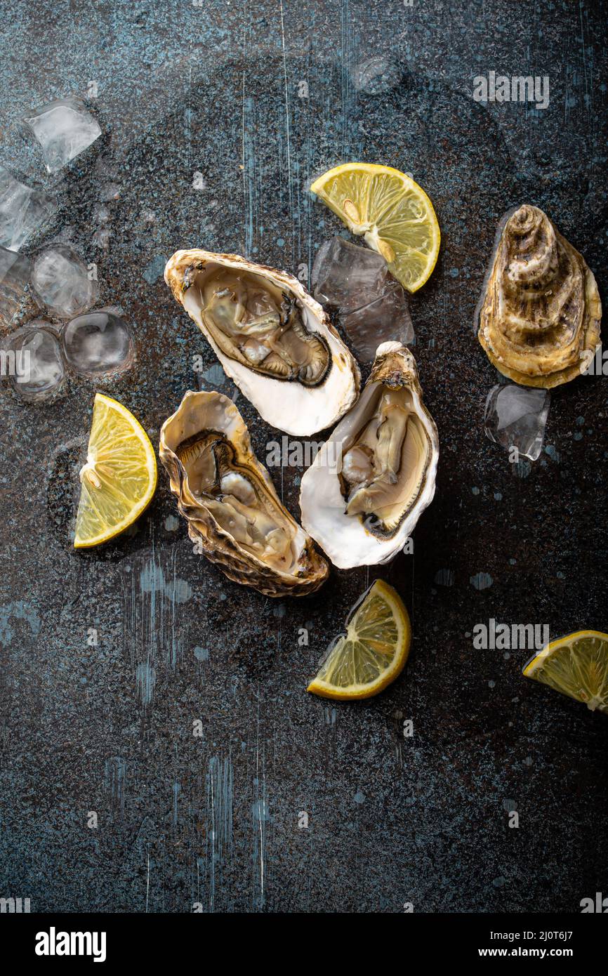 Frische offene Austern von oben mit Zitronenkeilen und Eis Stockfoto