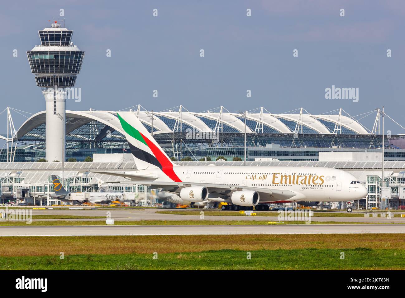 Emirates Airbus A380-800 Flugzeuge Flughafen München in Deutschland Stockfoto