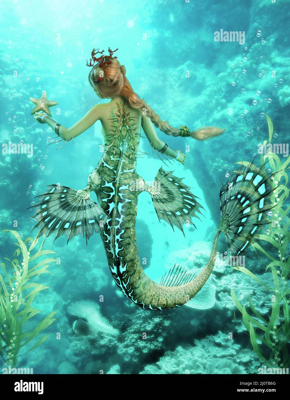 3D Computergrafiken einer Meerjungfrau mit Seesternen Stockfoto