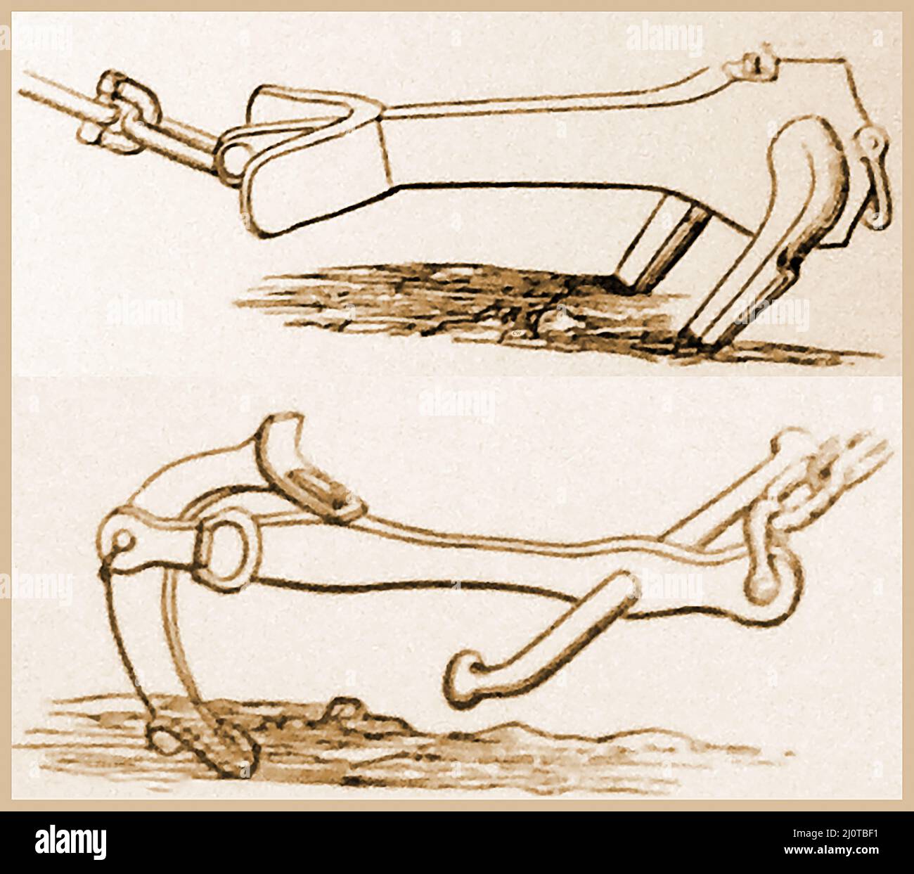 Eine Gravur aus dem 19.. Jahrhundert, die zwei Arten von Seeankern im gemeinsamen Gebrauch zeigt. Martin's Anker (oben) und Trotman's Anker - Martin's Anker gewann 1862 in London eine Medaille des Internationalen Ausstellungspreises - der Trotman Anker (patentiert 1852 von John Trotman) galt als der erfolgreichste Anker, weil er einen Drehpunkt in der Mitte der Krone einführte Stockfoto