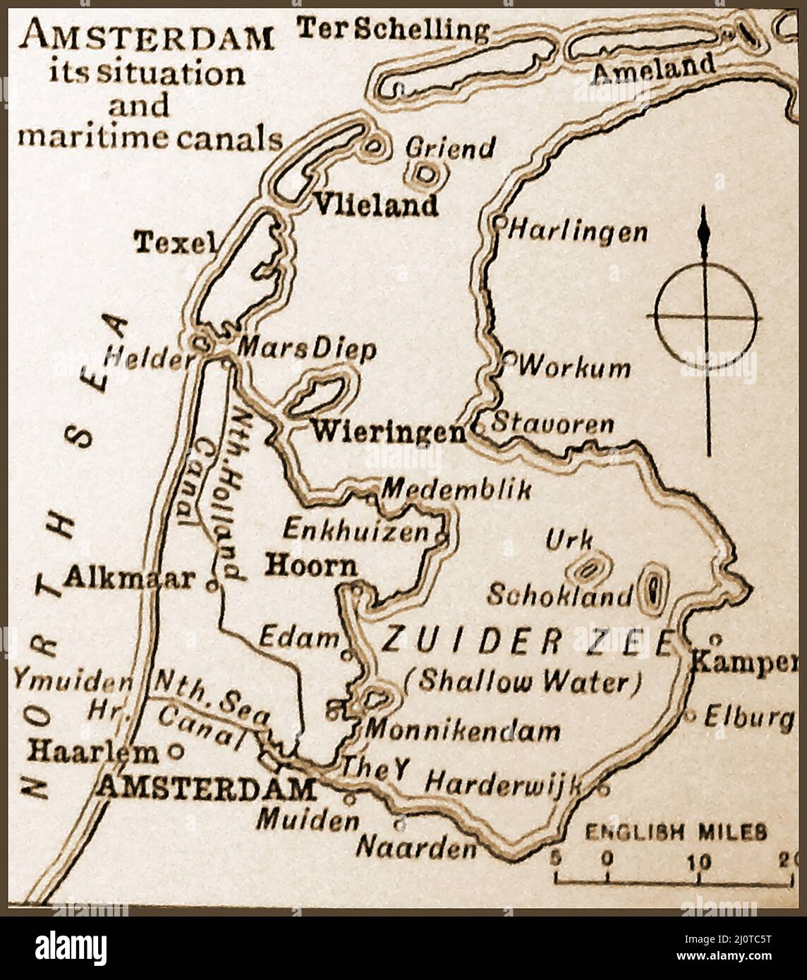 Eine viktorianische Karte/Plan von Amsterdam und der Zuider Zee im Jahr 1893 mit einer Entfernungsskala in Engllsh Miles Stockfoto