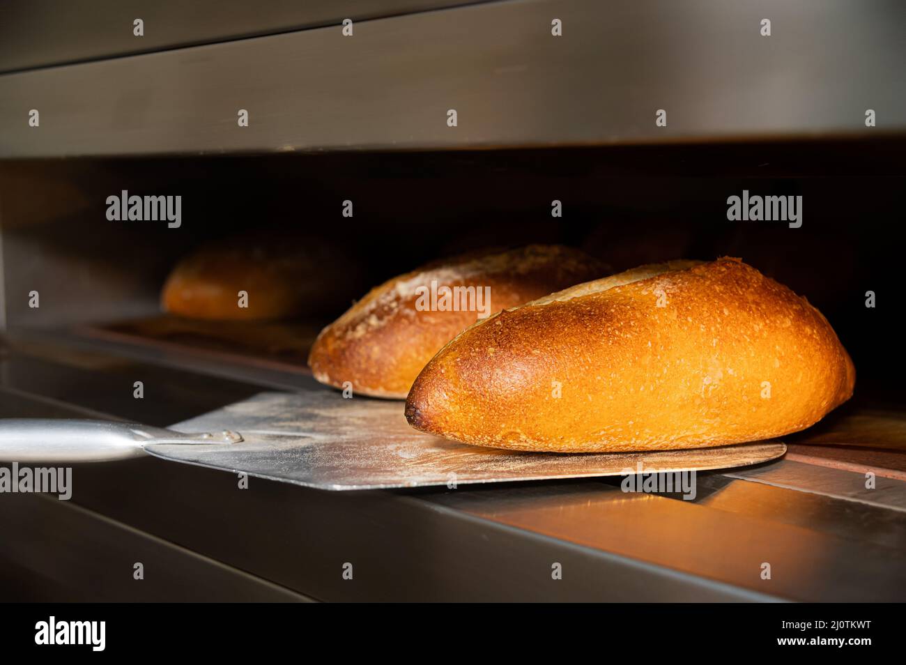 Frisches hausgemachtes Brot nur aus dem Ofen auf einer Backschaufel. Nahaufnahme. Appetitlich frisches und gesundes Brot Stockfoto