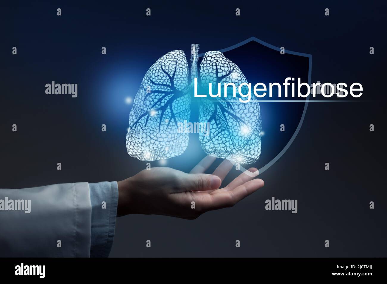 Medizinisches Banner Lungenfibrose mit deutscher Übersetzung Lungenfibrose auf blauem Hintergrund mit großem Textplatz oder Checkliste. Stockfoto