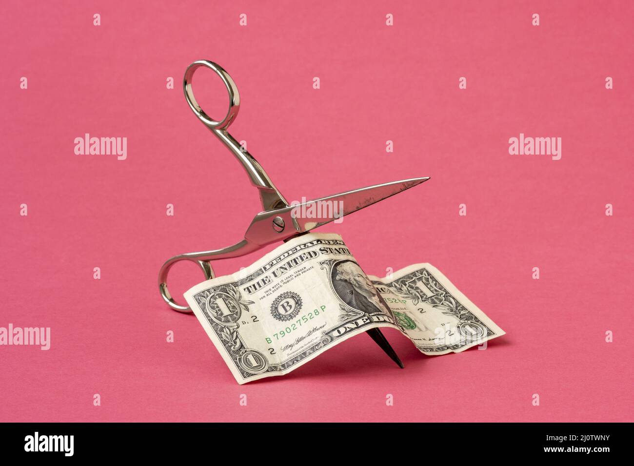 Schneiden Sie einen Dollar mit einer Schere auf rosa Hintergrund Stockfoto