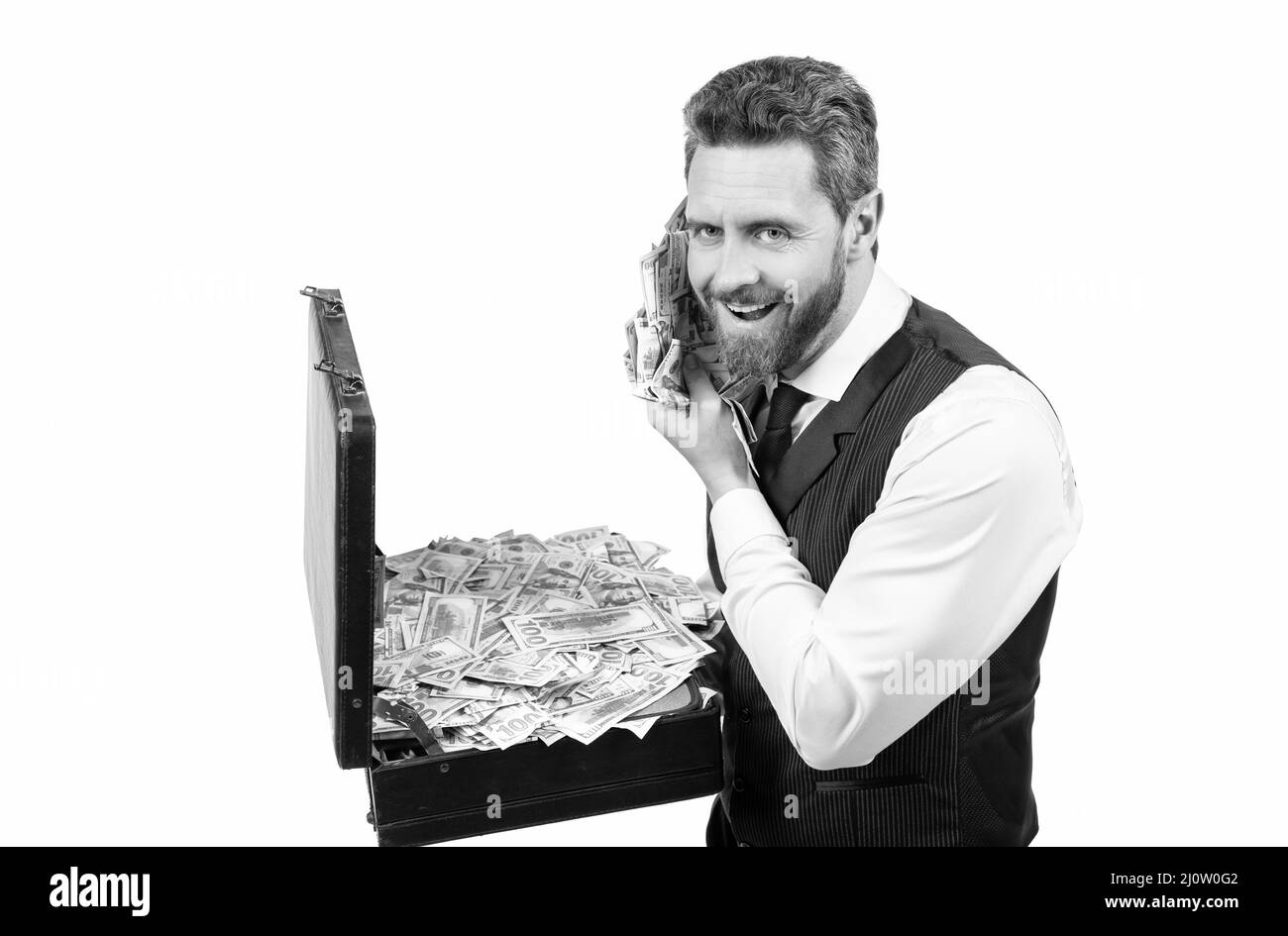 Investition. Glückliches businessperson mit Geldfall. Investor halten Fall mit Dollar Bargeld Stockfoto