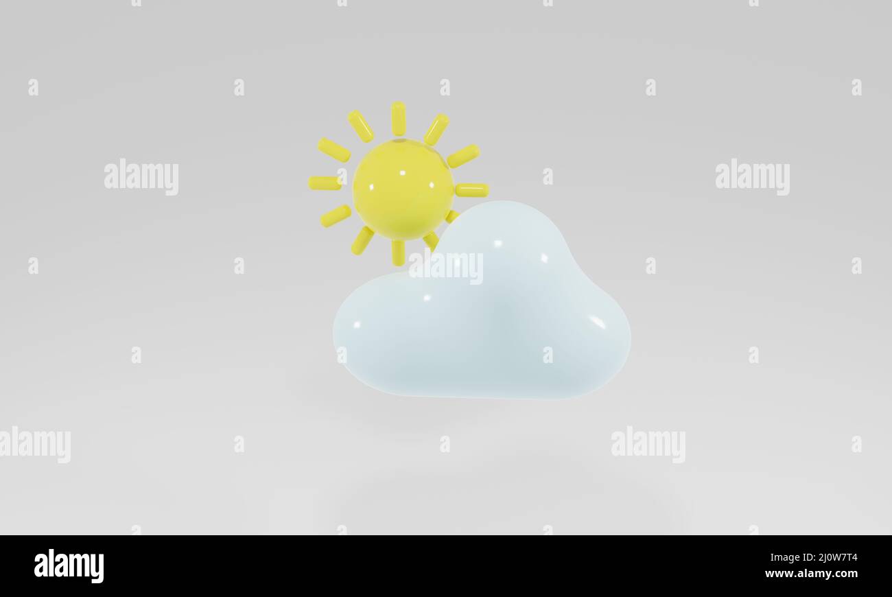 3D Cartoon-Wettersymbol. Sonne und Wolke isoliert auf weißem Hintergrund. 3D Darstellung rendern Stockfoto